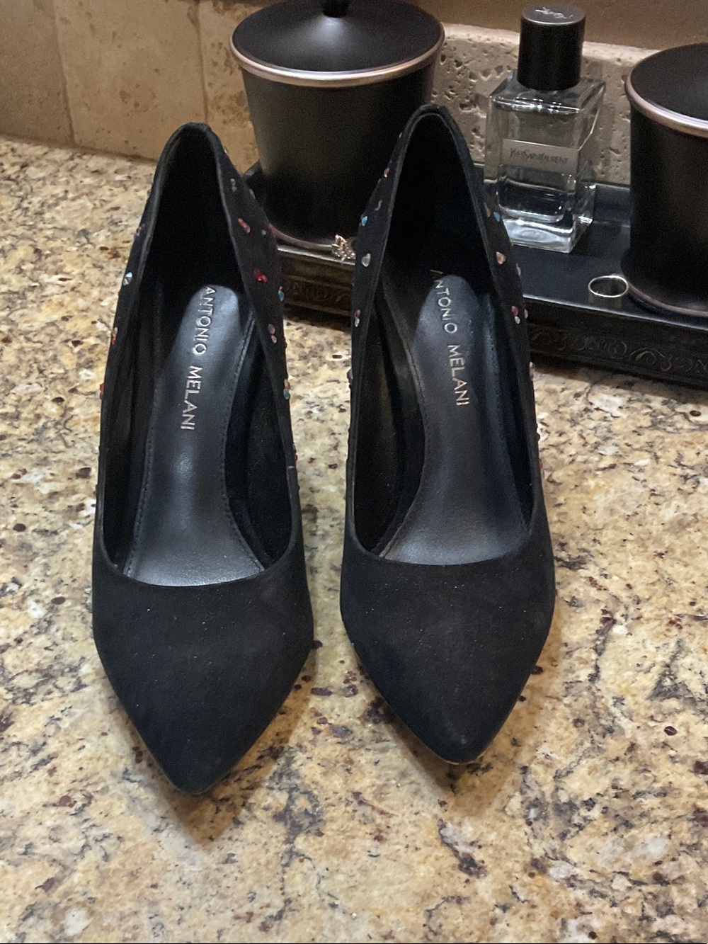 ANTONIO MELANI Black Suede Pointed Toe Pumps with Multicolor Studs